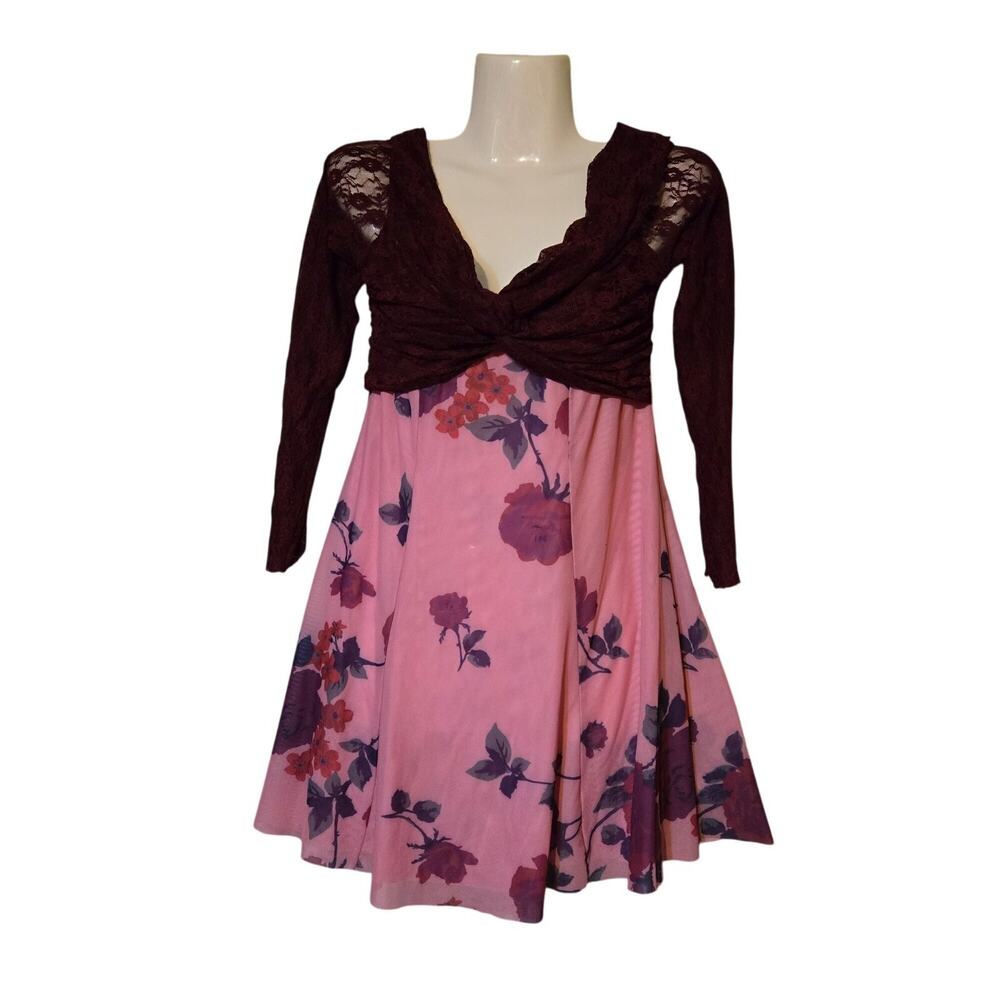 Kimchi Blue Women's M‎ Babydoll Dress Pink Floral Lace Long Sleeve Y2K Aesthetic - Picture 2 of 16